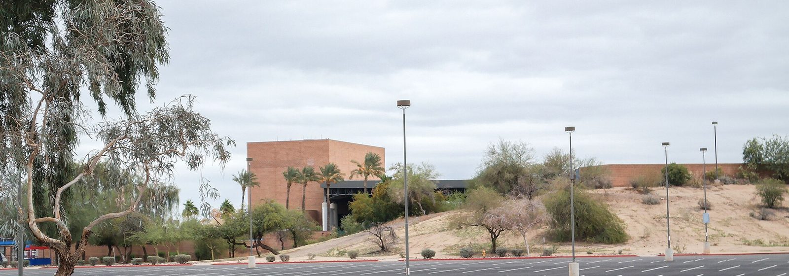 Distant exterior view of the Ak-Chin Pavilion amphitheater in Phoenix, Arizona, seen across the venue's parking lot with desert landscaping and palm trees - Ak-Chin Pavilion tickets